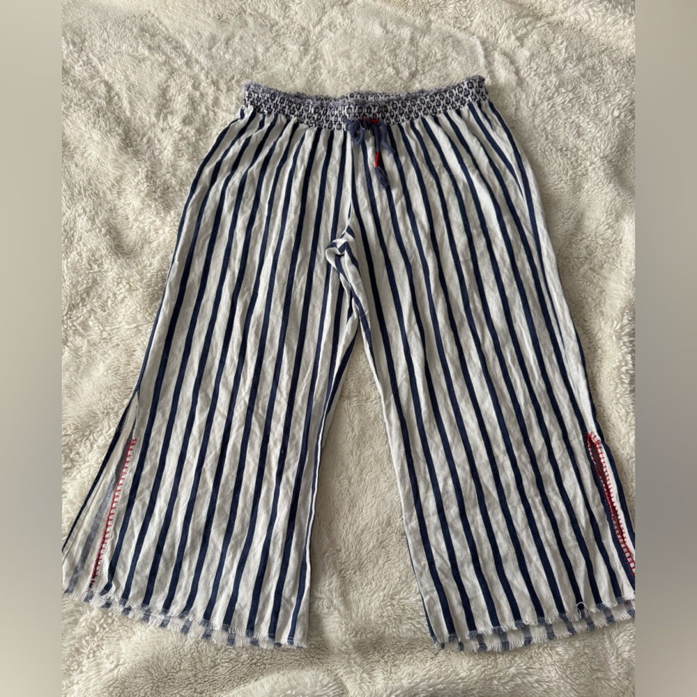 Boho Coastal Stripe Wide Leg Pants Drawstring Waist Free People Style